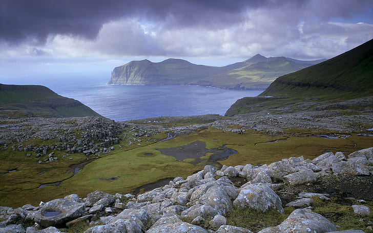 Landschaft, nordische Landschaften, Bucht, Meer, Berge, Küste, Felsen, bewölkt, HD-Hintergrundbild