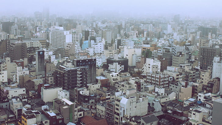 stadt, stadt, japan, parkplatz, kanji, katakana, nebel, bau, HD-Hintergrundbild