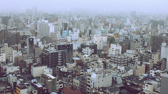 ciudad, pueblo, Japón, estacionamiento, kanji, katakana, niebla, edificio, Fondo de pantalla HD HD wallpaper