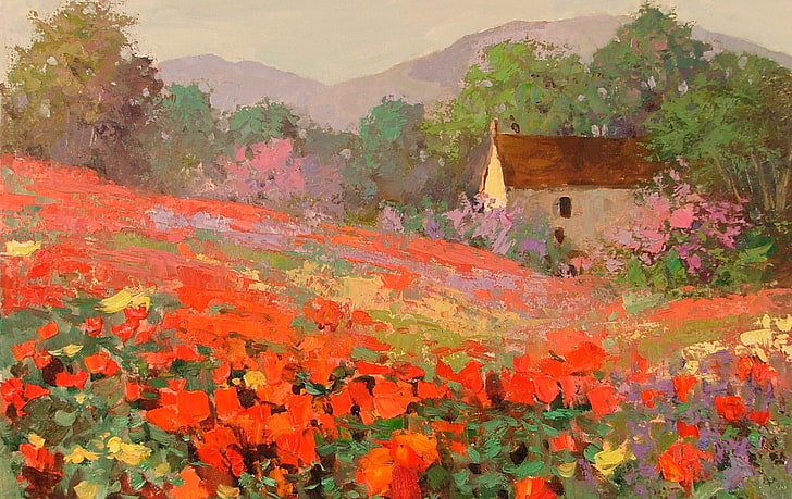 brown wooden house beside red flower field painting, field, landscape, flowers, Maki, house, HD wallpaper