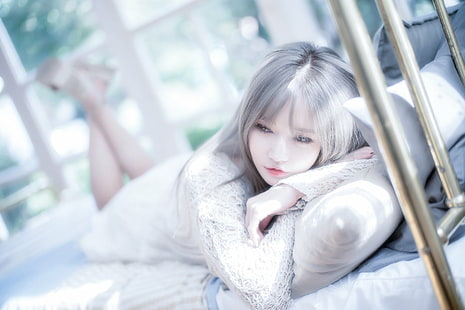Модели, Han Ga Eun, азиатски, легло, модел, бяла коса, жена, HD тапет HD wallpaper
