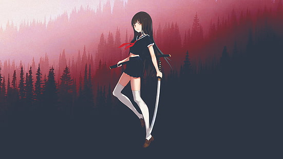 катана, аниме девушки, Blood-C, картинка в картинке, HD обои HD wallpaper