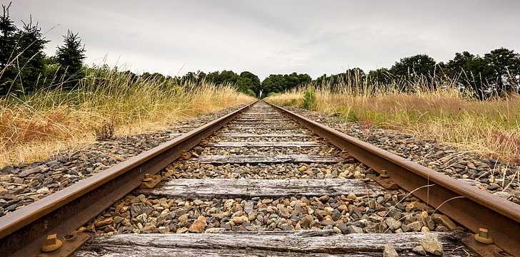 سكة القطار البني والسكك الحديدية والحجارة والعشب، خلفية HD