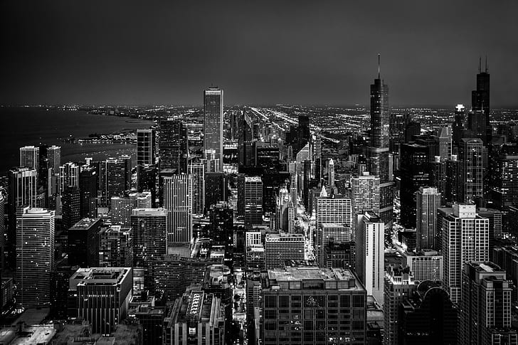 grayscale photography of high rise buildings, chicago, chicago, grayscale, photography, high rise buildings, Chicago  Illinois, contrast, landscape, monochrome, nikon, texture, white  lines, skyline, city, bandw, night, horizon, tower, window, mono, blackandwhite, architecture, black, skyscraper, urban, view, D7100, light, dark  sky, cityscape, new York City, manhattan - New York City, uSA, urban Skyline, black And White, downtown District, urban Scene, new York State, famous Place, building Exterior, built Structure, empire State Building, midtown Manhattan, office Building, aerial View, HD wallpaper