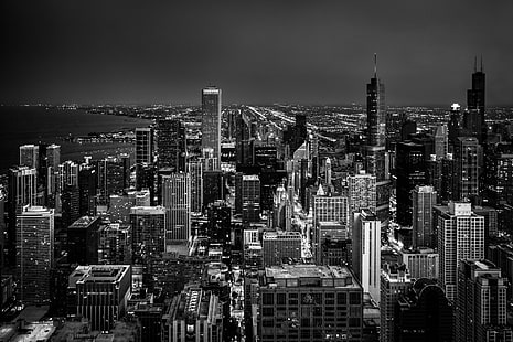 grayscale photography of high rise buildings, chicago, chicago, grayscale, photography, high rise buildings, Chicago  Illinois, contrast, landscape, monochrome, nikon, texture, white  lines, skyline, city, bandw, night, horizon, tower, window, mono, blackandwhite, architecture, black, skyscraper, urban, view, D7100, light, dark  sky, cityscape, new York City, manhattan - New York City, uSA, urban Skyline, black And White, downtown District, urban Scene, new York State, famous Place, building Exterior, built Structure, empire State Building, midtown Manhattan, office Building, aerial View, HD wallpaper HD wallpaper