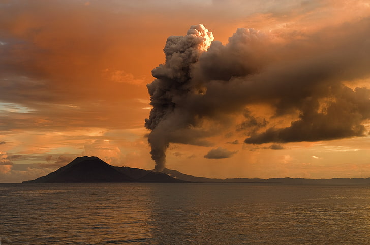 clouds, eruption, Hill, Horizon, landscape, nature, Papua New Guinea, sea, Silhouette, smoke, sunset, Trees, volcano, water, HD wallpaper