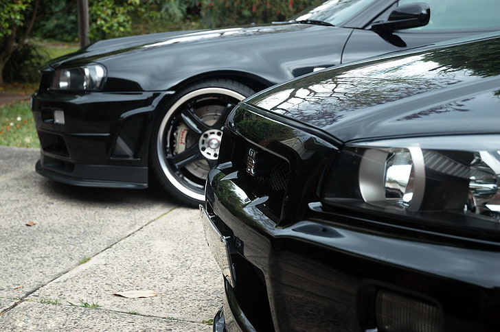 two black cars, black, Nissan, skyline, gtr, front, r34, р34, HD wallpaper