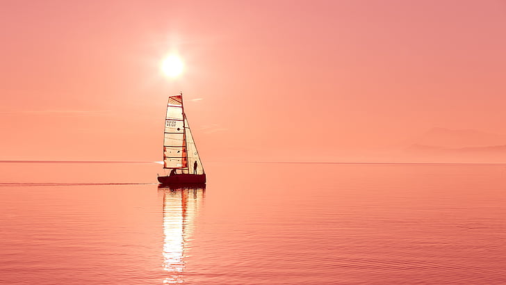 парусник, лодка, 5k uhd, вода, послесвечение, 5k, вечер, парусный спорт, солнце, спокойствие, океан, розовый закат, небо, закат, розовое небо, горизонт, море, HD обои