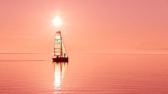żaglówka, łódka, 5k uhd, woda, poświata, 5k, wieczór, żeglarstwo, słońce, spokój, ocean, różowy zachód słońca, niebo, zachód słońca, różowe niebo, horyzont, morze, Tapety HD HD wallpaper