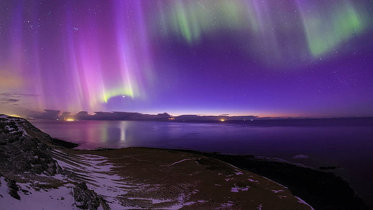 cahaya nordic, lampu utara, aurora borealis, lampu malam, langit malam, garis pantai, Wallpaper HD