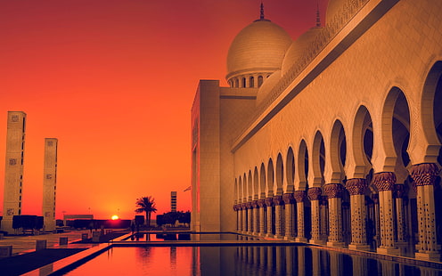 มัสยิด Sheikh Zayed At Sunset วอลล์เปเปอร์ดิจิตอลอาคารคอนกรีตสีขาวศาสนามัสยิดอาบูดาบีพระอาทิตย์ตก, วอลล์เปเปอร์ HD HD wallpaper