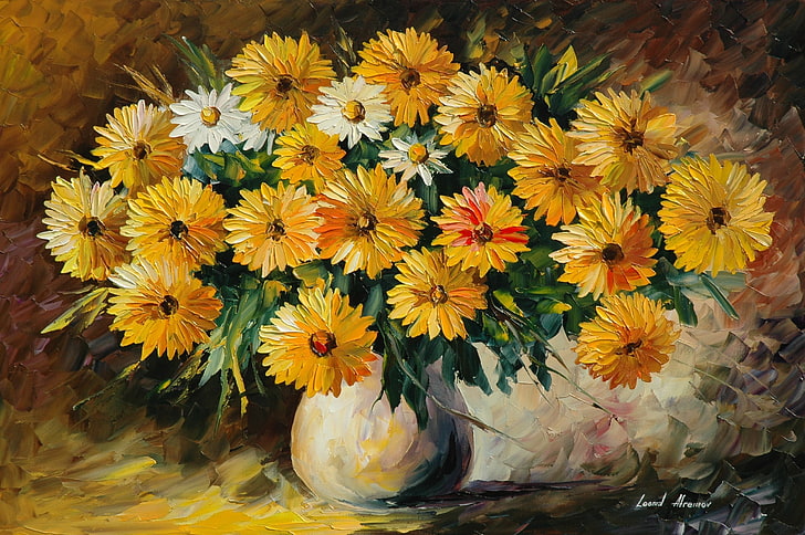 painting of sunflower bouquet, flowers, bouquet, vase, painting, Leonid Afremov, HD wallpaper