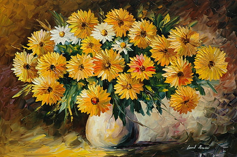 painting of sunflower bouquet, flowers, bouquet, vase, painting, Leonid Afremov, HD wallpaper HD wallpaper