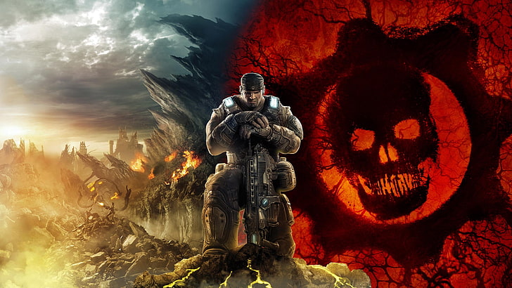 Tapeta cyfrowa Gears of War, koła zębate wojny, czaszka, żołnierz, niebo, góry, Marcus Fenix, Tapety HD