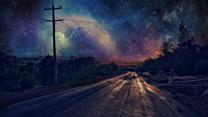 sky, nature, starry night, stars, starry sky, road, night, darkness, landscape, evening, HD wallpaper