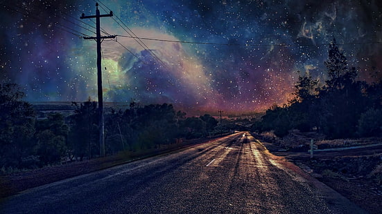 sky, nature, starry night, stars, starry sky, road, night, darkness, landscape, evening, HD wallpaper HD wallpaper