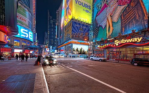 ニューヨークタイムズスクエア、ニューヨーク、夜、通り、人々、交通、 HDデスクトップの壁紙 HD wallpaper