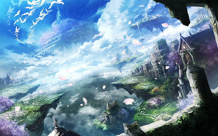 fantasy-themed wallpaper, anime, sky, city, landscape, fantasy art, floating island, birds, clouds, HD wallpaper