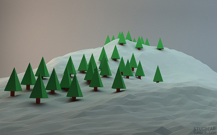 أشجار الصنوبر الخضراء مصغرة ، بولي منخفض ، خلفية بسيطة ، الأشجار ، الفن الرقمي، خلفية HD