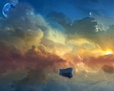 pintura de bote en las nubes, bote de remos, luna, obra de arte, bote, cielo, nubes, Fondo de pantalla HD HD wallpaper