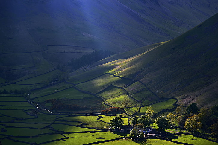foto udara dataran, sinar matahari, pertanian, gunung, pemandangan, alam, Wallpaper HD