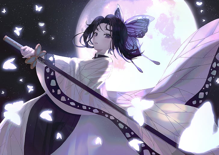 Anime, Demon Slayer: Kimetsu no Yaiba, Butterfly, Girl, Shinobu Kochou, Sword, Wallpaper HD