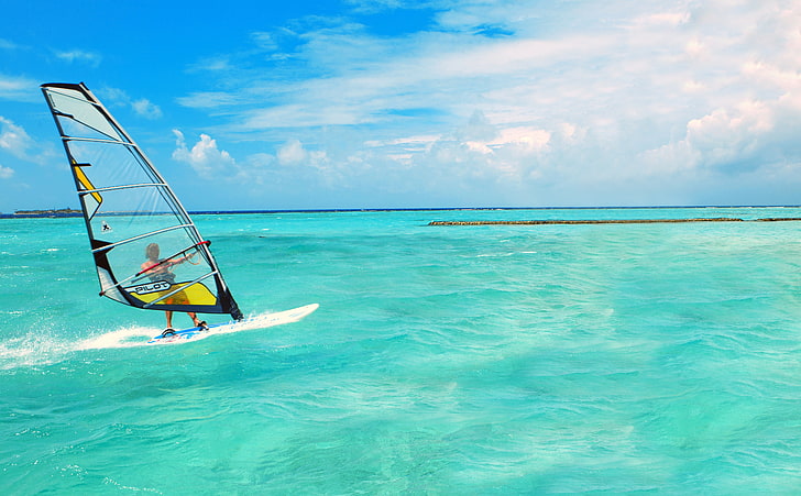 Windsurf, barca a vela bianca e nera, sport, surf, estate, acqua, estate, windsurf, Sfondo HD