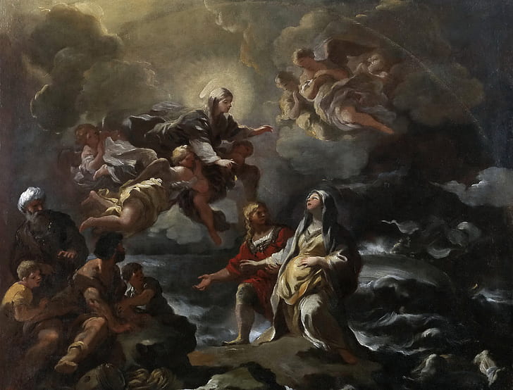 obraz, mitologia, Luca Giordano, Matka Boża Ocal świętą Brygidę w wraku statku, Tapety HD