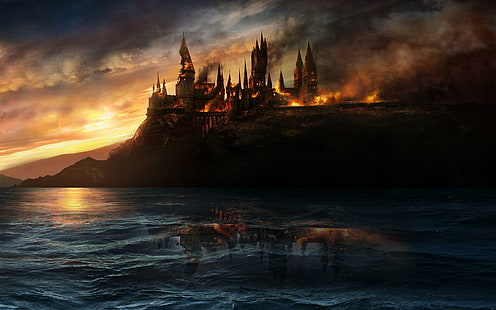 Harry Potter 7 Deathly Hallows, burning castle on mountain near body of water painting, harry, potter, deathly, hallows, movies, HD wallpaper HD wallpaper