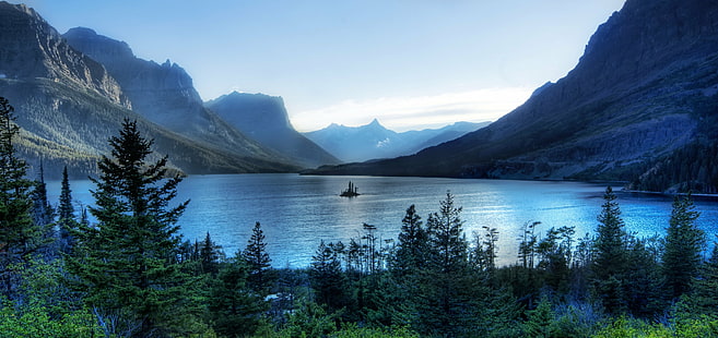 lake below the mountain, A morning, swim, bird island, island  lake, mountain, Montana, Hdr, d2x, Portfolio, Glacier National Park, bird  island, morning, mountains, rocky, rockies, ancient, sunrise, goose, nature, water, lake, trees, Photographer, Pro, Nikon, Photography, Panorama, details, Amazing, Lovely, Emotions, Beautiful, Stunning, Perspective, Shot, Shoot, Capture, Image, Picture, Edge, Angle, lines, lighting, Light, reflections, tones, Mood, WallPaper, cool, magical, texture, Perfect, surreal, exposure, painting, colors, atmosphere, masterpiece, blue  green, landscape, scenics, outdoors, mountain Range, alberta, banff National Park, beauty In Nature, HD wallpaper HD wallpaper