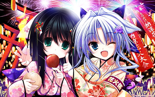 meninas anime, festival, quimono, fogos de artifício, anime, HD papel de parede HD wallpaper