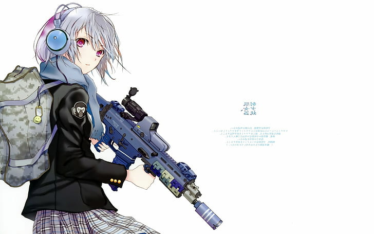 anime, Anime Girls, Assault Rifle, Backpacks, headphones, monkey, Red Eyes, weapon, HD wallpaper