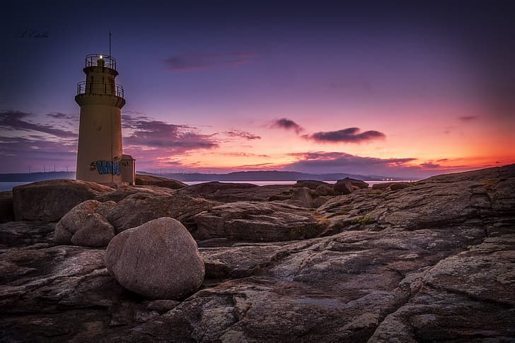 zachód słońca, wybrzeże, latarnia morska, wieczór, Hiszpania, Galicja, Muxia, Tapety HD