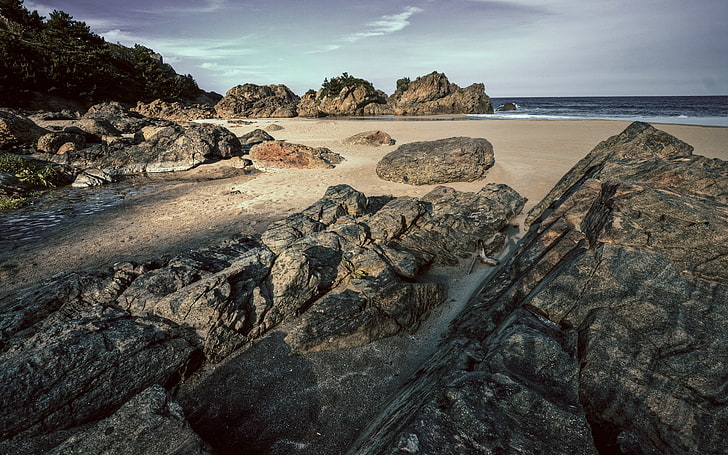 piedra caliza, rocas, mar, playa, arena, olas, cielo, Fondo de pantalla HD