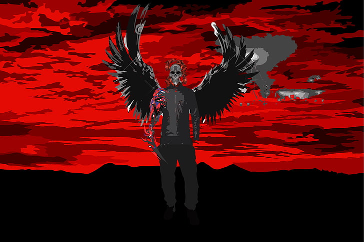 человек с крыльями иллюстрации шаржа, смерть, ангел, ад, череп, темная фантазия, небо, HD обои