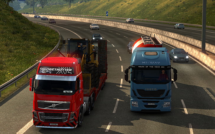 Euro Truck Simulator 2, gry wideo, noc, słońce, poranek, ulica, samochód, ciężarówki, ładunek, Tapety HD