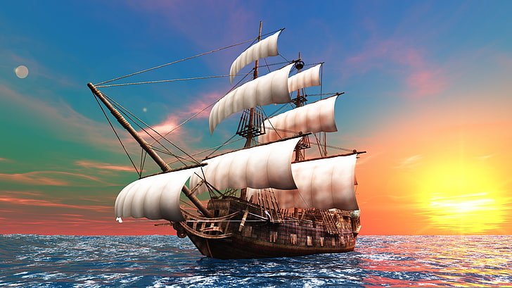 ภาพตัดปะเรือใบไม้สีน้ำตาลดวงอาทิตย์มหาสมุทรรุ่งอรุณกราฟิกเรือเรือใบใบเรือสำเภาเสากระโดงเรือ, วอลล์เปเปอร์ HD