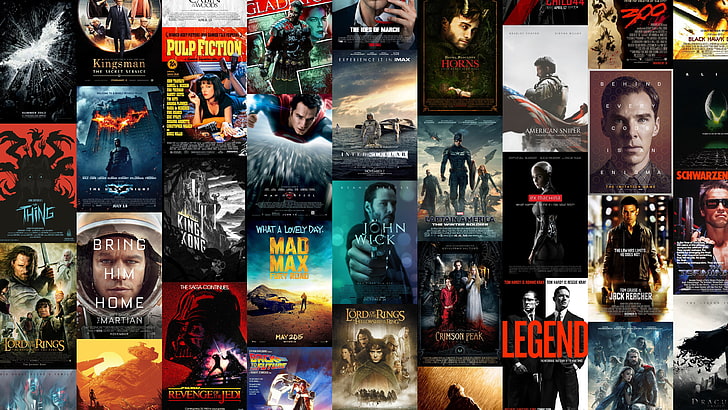 diverse film collae, Jack Reacher, Star Wars, Interstellar (film), John Wick, Mad Max: Fury Road, The Martian, The Dark Knight, Pulp Fiction, The Lord of the Rings, The Lord of the Rings: The Fellowship of the Ring, Back to the Future, Marvel Comics, Captain America, Thor, Ex Machina, King Kong, Man of Steel, The Imitation Game, American Sniper, Terminator, Legend (film), The Thing, HD tapet