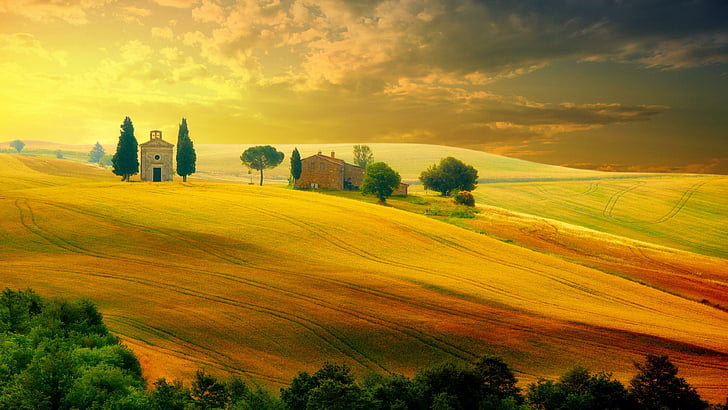自然、草原、村、トスカーナ、空、フィールド、なだらかな丘、黄色のフィールド、丘、イタリア、風景、ヨーロッパ、農村部、牧草地、田舎、 HDデスクトップの壁紙
