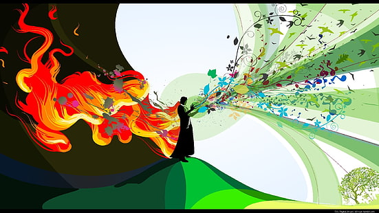 silueta de la persona que se interpone entre el fuego y la ilustración de la naturaleza, ilustraciones, arte de fantasía, vida, muerte, creatividad, destrucción, Fondo de pantalla HD HD wallpaper