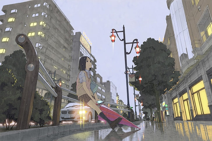 animated girl wallpaper, umbrella, rain, city, schoolgirl, alone, waiting, anime, anime girls, HD wallpaper