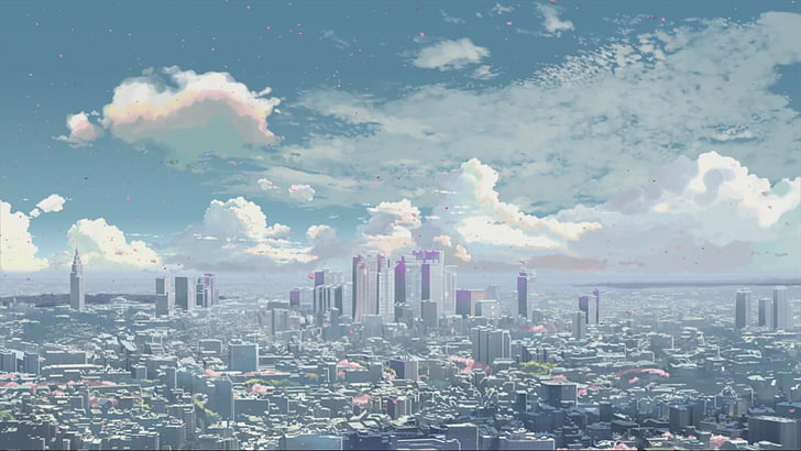 top view of city under cloudy clouds, cityscape, 5 Centimeters Per Second, anime, HD wallpaper