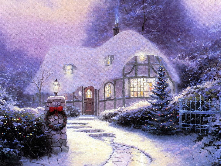 biały dom pokryty śniegiem malowanie, śnieg, wakacje, obraz, pokój, tor, latarnia, schody, drzewo, obraz, światło w oknach, Thomas Kinkade, 1990, Christmas Cottage 1990, Tapety HD