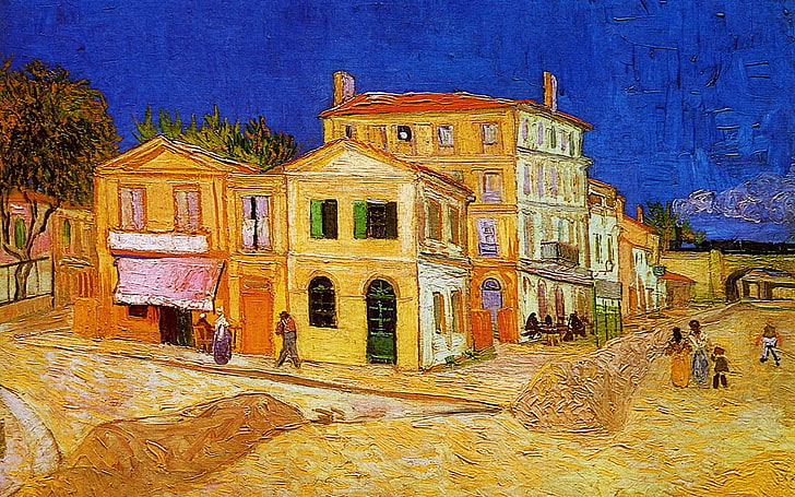 dipinto di case marroni e gialle, cielo, paesaggio, ponte, città, persone, casa, foto, Vincent Van Gogh, Sfondo HD