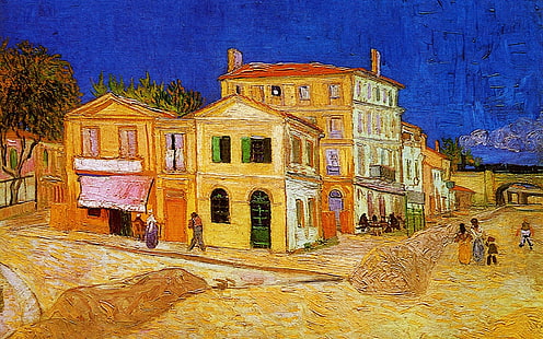 malowanie brązowych i żółtych domów, niebo, krajobraz, most, miasto, ludzie, dom, obraz, Vincent Van Gogh, Tapety HD HD wallpaper