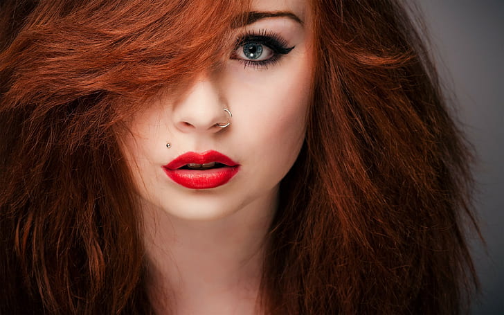 women, redhead, blue eyes, piercing, red lipstick, nose rings, face, model, portrait, looking at viewer, open mouth, pierced nose, long hair, HD wallpaper