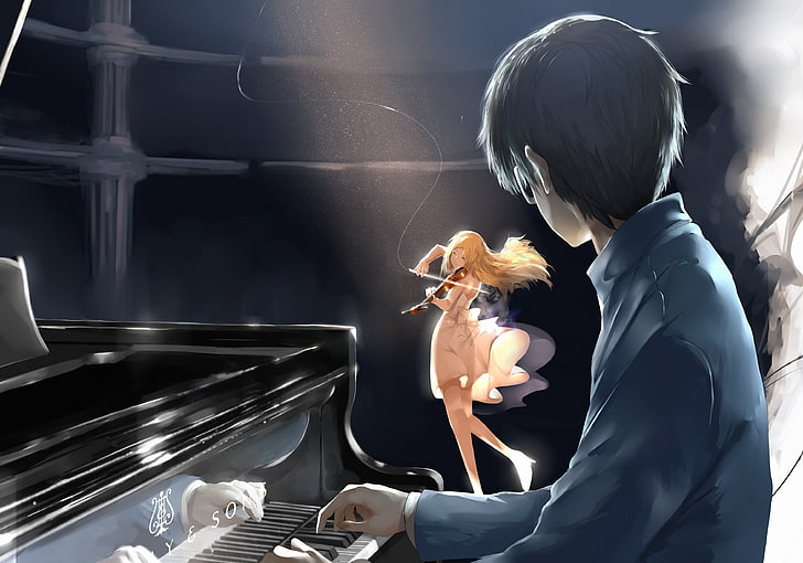 manlig anime karaktär som spelar piano nära kvinna som spelar fiol tapeter, Shigatsu wa Kimi no Uso, Arima Kousei, Miyazono Kaori, anime, HD tapet