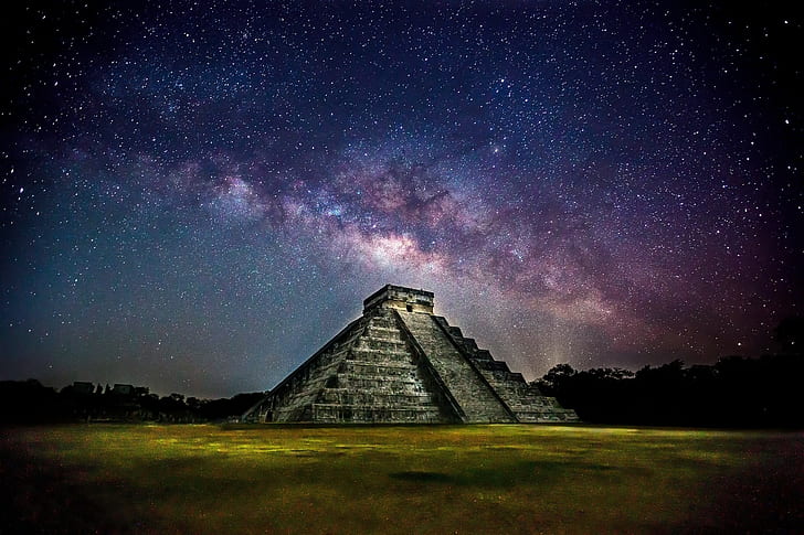 Chichen Itza, Kukulkan Piramidi, gri ziggurat, yıldızlar, Meksika, Samanyolu, gece gökyüzü, fotoğrafçı, Chichen Itza, Kukulkan Piramidi, Quetzalcoatl, Ryan Smith, HD masaüstü duvar kağıdı