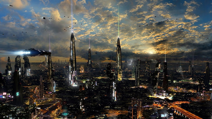 Città futuristica, notte, luci, futuristica, città, notte, luci, Sfondo HD