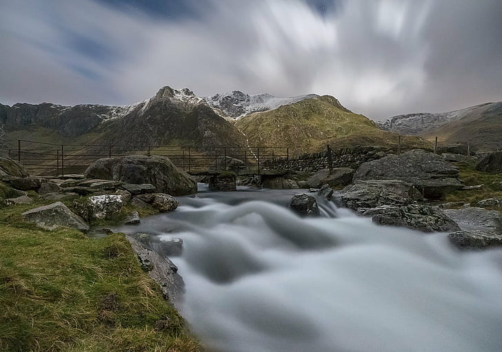 time lapse photograph of river stream between rock formation under gray sky, snowdonia, snowdonia, Moonlight, Cwm Idwal, Snowdonia, time lapse, photograph, river, stream, rock formation, bridge, Y Garn, Ogwen Valley, Wales, cloud, mountain, peaks, capped, grass, riverside, night  sky, snowdonia national park, long exposure, Dark Sky Park, International, Reserve, nature, landscape, outdoors, scenics, HD wallpaper